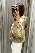 Women Khaki Hooded Cropped Zip‑up Jacket Faux Two‑inner Plaid Fabric Drawstring Bottom Coat Lady Autumn Casual Commute Outfits