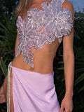 Sequin Flowers 2Piece Set Women Sexy Beach Vacation y2k Chic Skew Collar Tank Tops+Bandage Maxi Split Skirts Clubwear