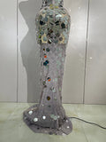 Sexy Silver Sparkly Round Sequin Pearl Women Backless Floor Length Dress Celebrate Birthday Evening Party Bar Queen Drag Costume
