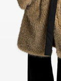 Street Crew Neck Faux Fur Midi Coat Long Sleeve Loose Winter Jacket with Adjustable Fabric Waist Belt Side Pockets for Daily