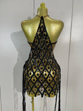 Sexy Sparkly Diamonds Black Mesh Transparent Top Dress Two Piece Set Women Evening Party Celebrate Birthday Photo Shoot Wear