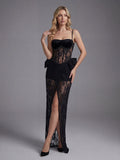 2026 Elegant Black Lace Spaghetti-Strap Maxi Dress Black Floral Lace Party Evening Gown Birthday Prom Vestidos