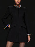 Black Luxury Crystal Slim Fit Mini Dresses For Women Stand Neck Long Sleeved Tunic Dress Female New