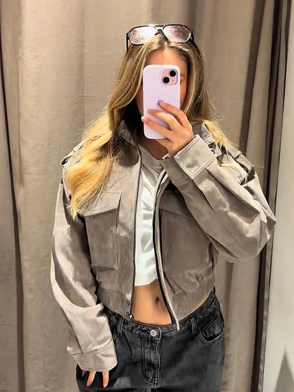 Women's Outerwear Short Strap Coat Stand Collar Workwear Jacket Epaulet Large Pocket Coat Vintage Workwear Style 2026