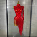 Black Red Women Sexy One Shoulder Shinning Crystal Sequins Tassels Bodycon Mid-calf Dress Nightclub Party Bar Dancer Costumes