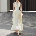 Sexy Evening Tunic Spliced Buttons Dress for Women V Neck Sleeveless High Waist Patchwork Folds Temperament Dresses Female