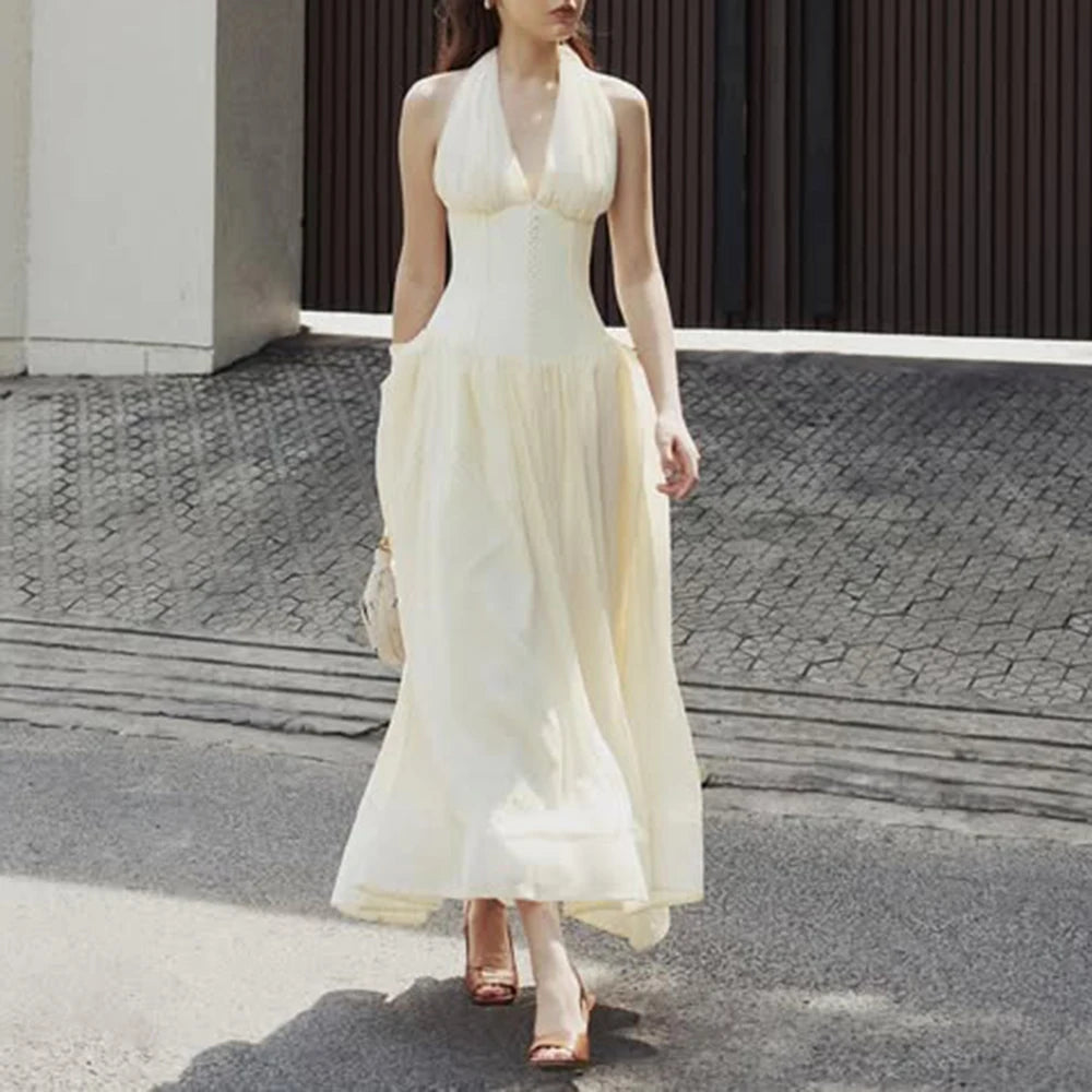 Sexy Evening Tunic Spliced Buttons Dress for Women V Neck Sleeveless High Waist Patchwork Folds Temperament Dresses Female