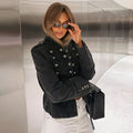 Cropped Denim Jacket Women Stand Collar Bell Sleeves Double Breasted Splicing Retro Fashion Biker-Style Coat Autumn 2026