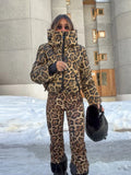 Women Leopard Print Hooded Ski Suit Set Waterproof Windproof Snow Jacket Pants Two Piece Outfit Winter Snowboard Skiing Costume