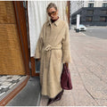 Camel Lapel Collar Coat Women Maxi Brushed Fuzzy Wool Self Tie Belt Waist Cinched Jacket Oversized Chic Autumn Winter Outerwear
