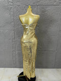 Classic Gold Sequin Mermaid Dress Rhinestone Chain Shoulder Straps Sweetheart Neck Formal Evening Gala Photoshoot Cocktail Party