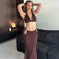 Women 2 Piece Set Sexy Halter Sleeveless Triangle Bra Crop Top Hollow Maxi Skirt Set Slim Knit Summer Beach Vacation Set