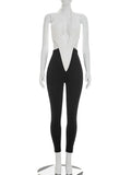 Sexy Halter Jumpsuit Women Summer V-Neck Backless Patchwork Peach-Shaped Butt Elastic Tight Birthday Party Overalls