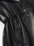 Black Slimming Leather Jacket for Women Lapel Long Sleeve Patchwork Double Breasted Fashionable Coat Female Autumn