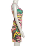 Sequin Patchwork Sling Dress Woman Colorful Print Low-Neck Backless Skinny Peach Hip Evening Party Sexy Mini Bodycon