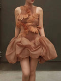 Fashion Orange 3D Floral Appliquet Mini Dress for Women Sleeveless O Neck Slim Sheer Tulle Puffed Skirt for Themed Parties