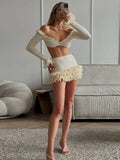 Women's White Skirts Set Sexy V-neck Long Sleeve Ruffled Crop Tops & Mini Skirts With Layered Hem Lady 2026 Chic Party Outfits