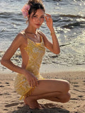 Beaded Tassel Dress Women Sequin 3d Flower See Through Backless Sleeveless Sexy Beach Party Midnight Mini Bodycon