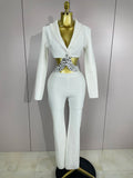 Women Celebrity Designer Fashion Women Luxury Birthday Set Sexy Cut Out Long Sleeve Beading Bodycon Two Pieces Pants Bandage Set