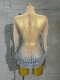 Sexy Madam Sparkling Crystal Bodysuit Long Sleeve See Through Mesh Jumpsuit Evening Party Bar Dancer Stage Wear ForFemale Singer