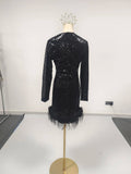 Solid Spliced Sequines Slimming Dresses for Women O Neck Long Sleeve Temperament Dress Female Fashion New