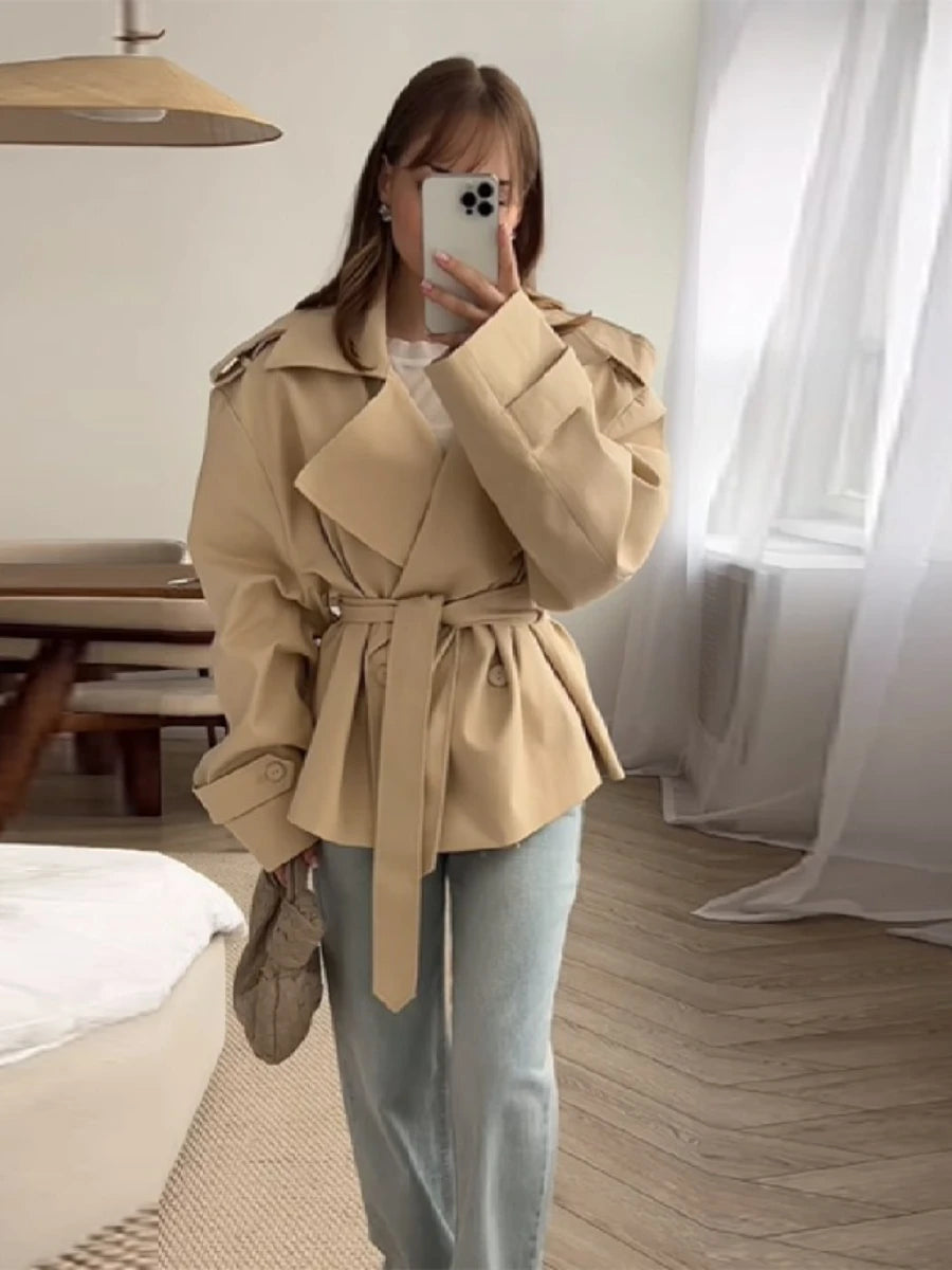 Office Lady Spliced Lace Up Slim Coat for Women Lapel Long Sleeve Solid Temperament Fashion Short Jacket Female New