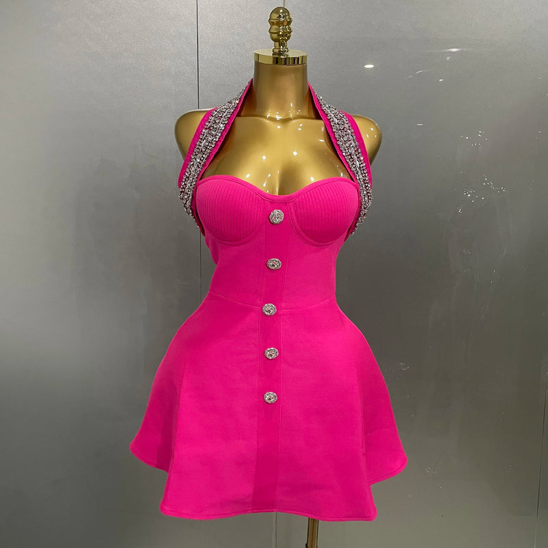 Sexy New Rosered Color Women Halter Off the Shoulder Shinning Rhinestones A-Line Bandage Stage Celebrate Evening Mini Dress