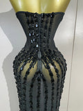 Sexy Sparkly Diamonds Black Strapless Mesh See Through Long Dress Evening Party Birthday Nightclub Photo Shoot Stage Costumes