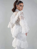 2026 New Elegant Design Sense Flare Sleeve Stand Collar Ruffle Lace Slim Long Dress Women's Wedding Banquet Festival Gown