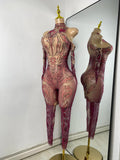 Sparkly Crystals Women Sexy with Sleeves Stretch Mesh See Through Jumpsuit Nightclub Stage Wear Performance Dance Costume