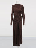 Elegant Slim Fit Folds Irregular Long Dress Fashion Women Long Sleeve Diagonal Collar Robes 2025 Chic Party Banquet Wear