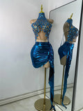 Women Sexy Top Skirt Two Pieces Sets Night Club Performance Stage Costume Sparkly Diamonds Stretch Party Celebrate Stage Outfit