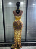 Gold Luxury Long Dress Rhinestones Women Singer Mirror for Celebrity Evening Party Catwalk Prom Outfit Stage Photo Shoot Dresses