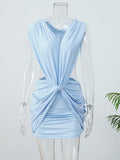 Sexy Blue Hollow-out Pleated Mini Dress Women Deep V-neck Sleeveless Backless Bodycon Vestidos 2026 New Lady Vacation Party Gown