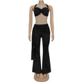 Ruched 2 Piece Set Women Sexy Halter Backless Bra+Metal Casp Ribbon Flared Pants Matching Party Club Stretch Outfits