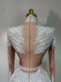 Women Long Sleeve Sexy Shinning Tassels Rhinestone Bodycon Bodysuit High Stretch Bar Dancer Nightclub Stage Wear Birthday Outfit