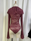 Sexy Club Burgundy Lace Plunge Bodysuit for Women Ruffled Design Long Flare Sleeves Slimming Bodysuits for Luxury Dinners
