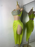 Sparkly Rhinestone Diamonds High Split Two Pieces Women Sexy Outfit Night Club Skirt Suits Dancer Singer Performance Costume