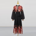 Vintage Loose Two Piece Set for Women V Neck Puff Sleeve Spliced Lace Up Top High Waist Fold Printing Skirt Suit Female New