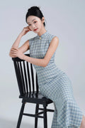 Improved Artistic Grid Long Sleeveless Cheongsam Dress Spring New Fashion Young Girl's Daily Qipao Dress