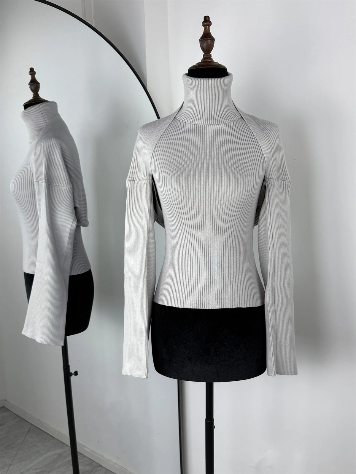 Knitted Top Two Piece Set For Women Turtleneck Sleeveless Pullover Vest Long Sleeve Texture Patchwor Set Lady Sexy Set