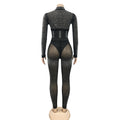 Women Hot Rhinestones Mesh See Though Zipper T-shirt and Legging Pants and Tops Matching Two 2 Piece Set Tracksuit Outfit