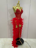 Luxury Sparkly Rhinestones Feathers Long Tail Dress Sexy Mesh Transparent Stage Bodysuit Evening Party Celebrate Birthday Dress