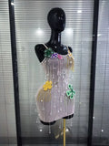 Women Sexy Strap Mesh See Through Shining Diamond Chain Bodycon Mini Dress Nightclub Party Celebrate Cocktail Wear