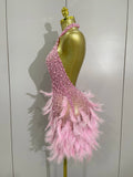 Women Luxury Rhinestones Pearls Feathers Halter Backless Short Dress Women Sexy Celebrate Birthday Dress Nightclub Stage Costume