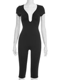 Weird Puss Irregular Low-Neck Playsuit Women Trend Wild Sexy Short Sleeve Patchwork Classic Fashion Simple Stretch Streetwear