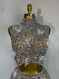 Sparkling Rhinestone Sexy See Through Blackless Top Skirt Two Pieces Set Woman Luxury Birthday Evening Party Gowns