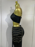 Women Festival Vacation Outfit Sexy Two Piece Skirt Set Black Nightclub Bar Party Hollow Out Ruched Crop Top Maxi Long Skirt Set
