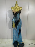 Sparkly Diamonds Tassel Long Dress Birthday Evening Party Sexy Strapless Side High Slit Mesh See Through Nightclub Stage Costume