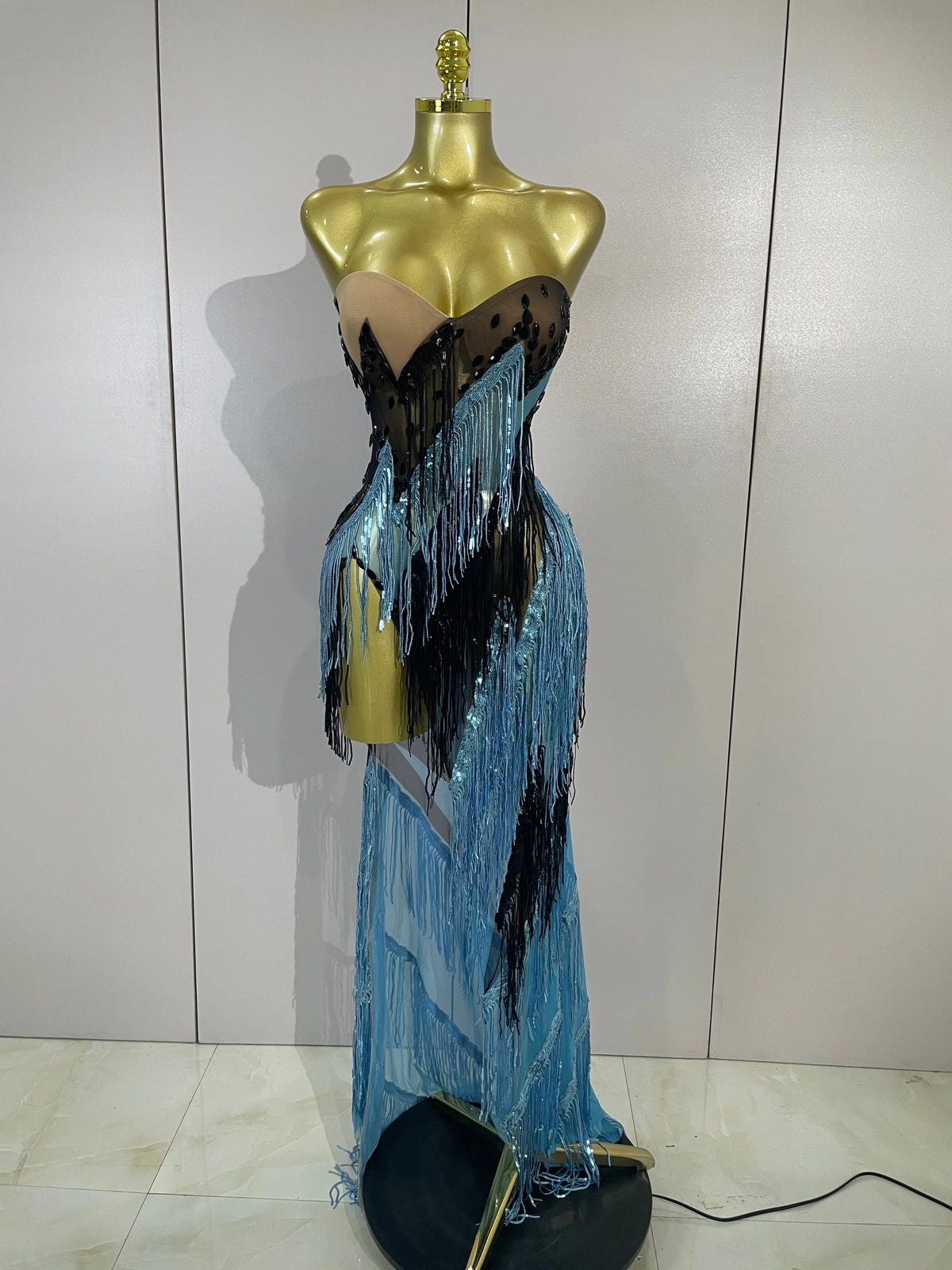 Sparkly Diamonds Tassel Long Dress Birthday Evening Party Sexy Strapless Side High Slit Mesh See Through Nightclub Stage Costume